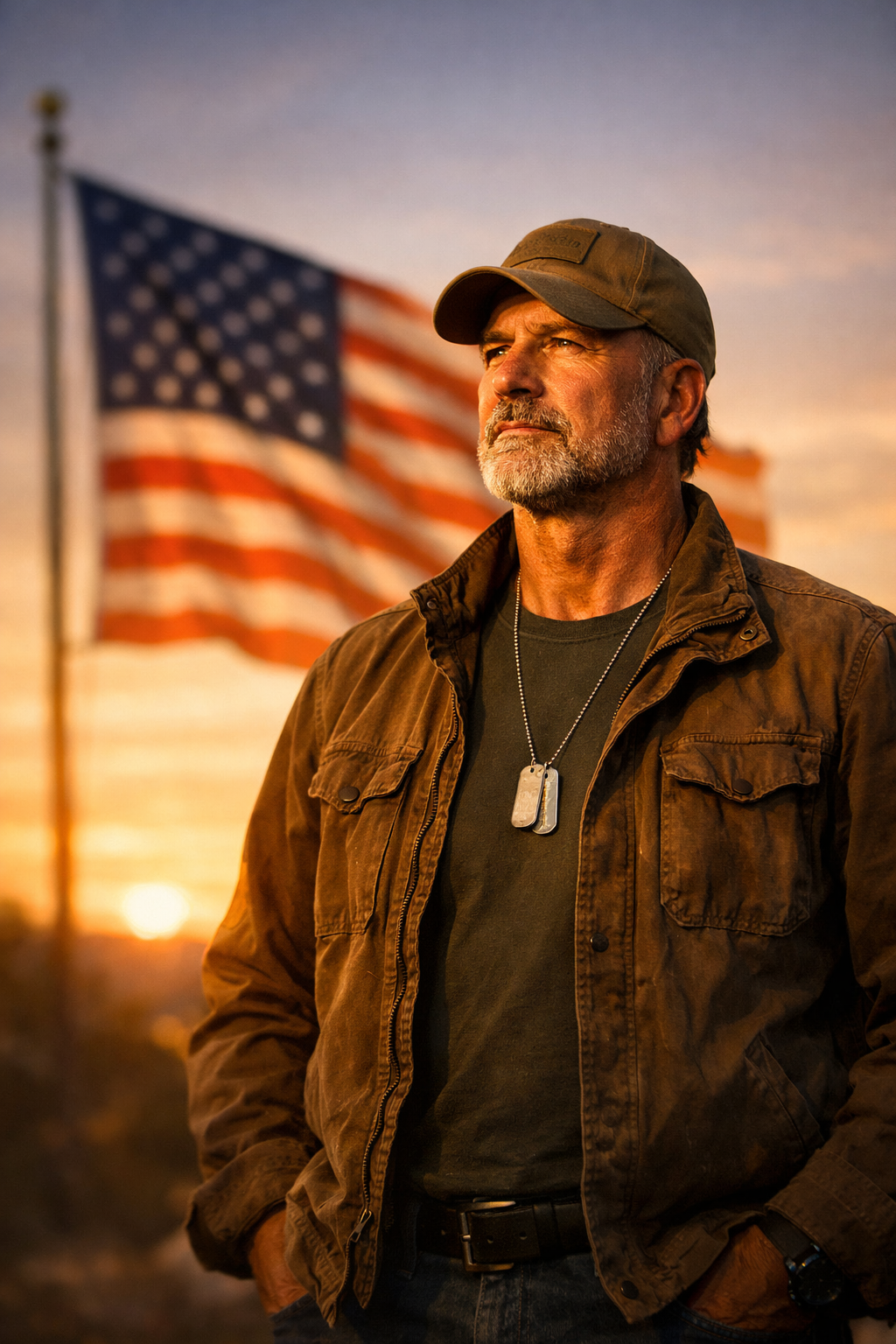 Veteran standing in front of American flag at sunset